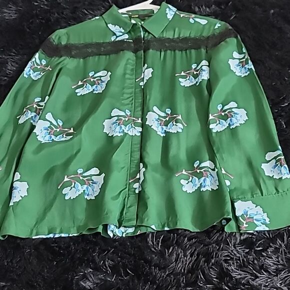 Maje Green Silk Blend Black Lace Floral Printed Top - Picture 6 of 9